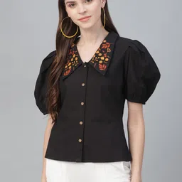 Athena Black Floral Puff Sleeves Shirt Style Top-image-24