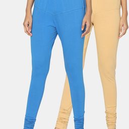 TSG Bliss Women Pack Of 2 Beige & Blue Solid Churidar-Length Leggings-image-56
