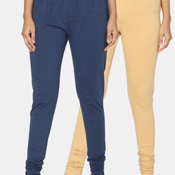 TSG Bliss Women Pack Of 2 Beige & Navy Blue Solid Churidar-Length Leggings-image-92