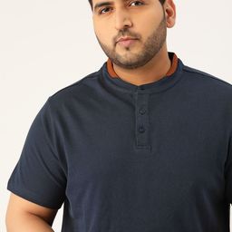 Sztori Men Plus Size Navy Blue Solid Cotton Henley Neck T-shirt-image-53