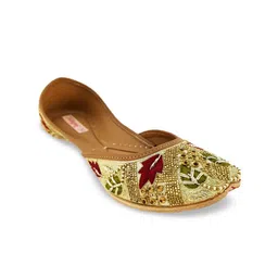 Fulkari Women Beige Embellished Leather Mojaris-image-125