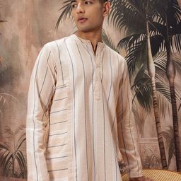 Sangria Men Striped Panelled Asymmetric Hem Pure Cotton Kurta-picture-10