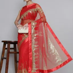HERE&NOW Red & Golden Sequinned Net Saree image 1