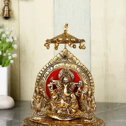 CraftVatika Gold-Toned & Red Handcrafted Lord Ganesha Riddhi Siddhi Chatra Statue Showpiece-21