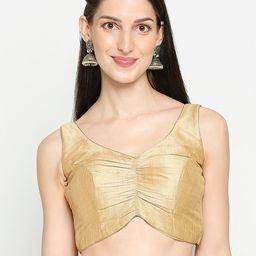 SALWAR STUDIO Women Gold-Coloured Solid Mulbury Silk Readymade Saree Blouse-image-2
