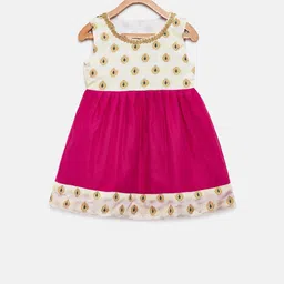 MANY FROCKS & Girls Pink & White Self Design Fit and Flare Dress-image-8