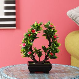 FOLIYAJ Green & Pink Artificial U-Shaped Bonsai Tree With Pot-21