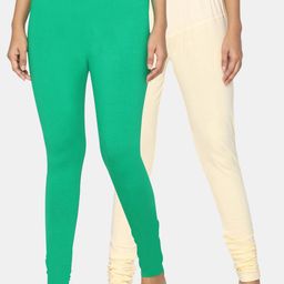 TSG Bliss Women Pack Of 2 Green & Off-White Solid Churidar-Length Leggings-image-99