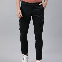 Louis Philippe Jeans Men Black Comfy Tapered Fit Solid Cargos-image-97