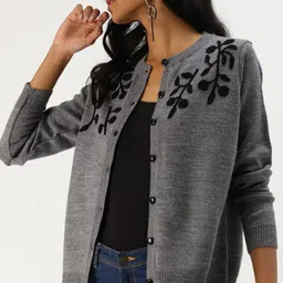 DressBerry Women Charcoal Grey Self Design Cardigan-image-2