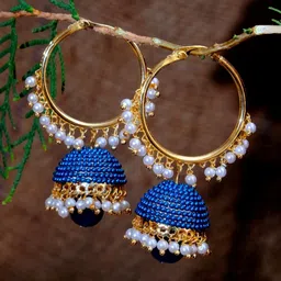 Crunchy Fashion Gold-Plated & Blue Beaded Dome Shaped Handcrafted Jhumkas-picture-3