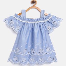 Cherry Crumble Girls Blue & White Schiffli Embroidered A-Line Cotton Top-picture-23