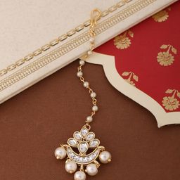 Shoshaa Gold-Plated White Stone-Studded & Beaded Handcrafted Maang Tikka-19