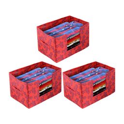 Kuber Industries Set Of 3 Red Metallic Printed Shirt Stacker Organisers With Handles-41