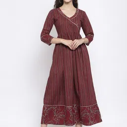 Indibelle Women Maroon & Grey Striped Angrakha A-Line Kurta-image-49