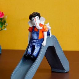 eCraftIndia Blue & Grey Lord Ganesha Enjoying Slide With Mushak Handcrafted Showpiece-image-47