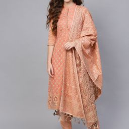 Inddus Peach-Coloured & Beige Unstitched Dress Material-11