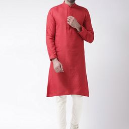 KISAH Men Red & White Self Design Kurta with Churidar-picture-7