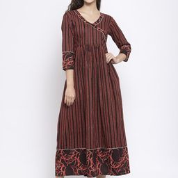 Indibelle Women Coffee Brown & Orange Striped Angrakha Anarkali Kurta-picture-13