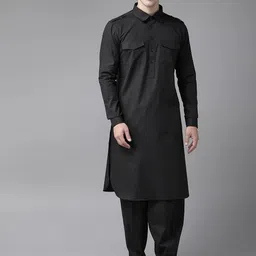 See Designs Men Black Solid Pure Cotton Solid Pathani Kurta with Salwar-image-64