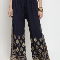 Clora Creations Navy Blue & Gold-Toned Printed Rayon Palazzo-image-7