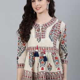 Ishin Off White & Red Floral Tie-Up Neck Applique Empire Top-picture-14