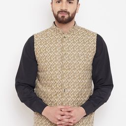 even Men Beige Printed Woven Pure Cotton Nehru Jacket-11