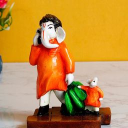 eCraftIndia Orange & White Lord Ganesha Doing Shopping with Mushak Handcrafted Showpiece-image-80
