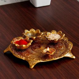 eCraftIndia Gold-Toned Swastik Pooja Thali Bowl & Diya Showpiece-34