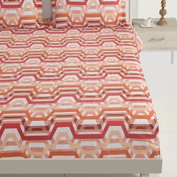 SWAYAM Peach-Coloured Geometric Fitted 144 TC Cotton 1 King Bedsheet with 2 Pillow Covers-image-49