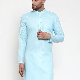 Jompers Men Turquoise Blue Solid Cotton Straight Kurta-14