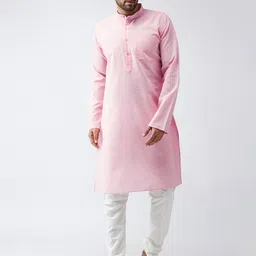 SOJANYA Men Pink & Off-White Solid Kurta with Churidar-image-80