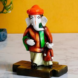 eCraftIndia Orange & Brown Handcrafted Neta Lord Ganesha With Mushak Figurine Showpiece-image-18