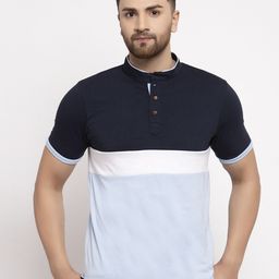 Kalt Men Navy Blue Colourblocked Mandarin Collar T-shirt-image-73