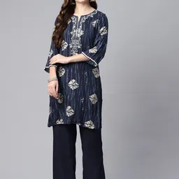 Nayam By Lakshita Women Navy Blue Printed Regular Sequinned Kurta with Palazzos-image-13