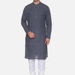 Saffron Threads Men Grey Checked Kurta-32