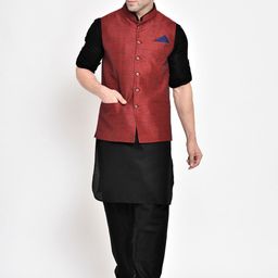 Hangup Men Maroon 3Pc Kurta Pyjama and Nehru Set-picture-28