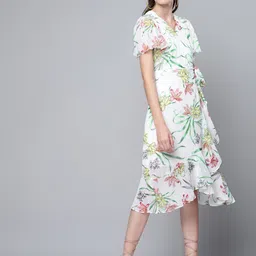 SASSAFRAS White & Green Floral Print Midi Wrap Dress-picture-51