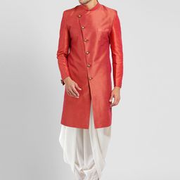 Kisah Men Coral Orange & White Solid Silk Sherwani Set-image-101