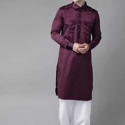 See Designs Men Aubergine & White Pure Cotton Solid Pathani Kurta with Salwar-picture-39