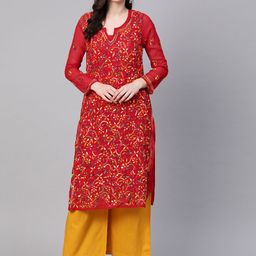 ADA Women Rust Red & Mustard Yellow Chikankari Hand Embroidered Sheer Sustainable Handloom Kurta with Inner-23
