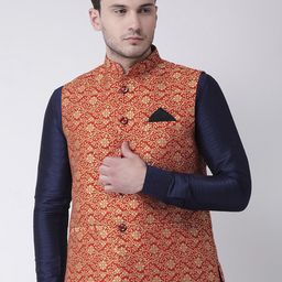 Deyann Men Red & Gold-Coloured Printed Nehru Jacket-17