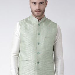 Deyann Men Mint Green Woven Design Nehru Jacket-33