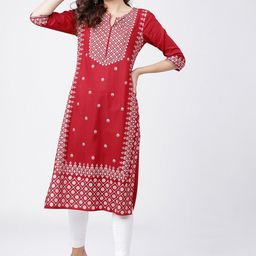 Vishudh Women Red & Off White Ethnic Motifs Printed Thread Work Kurta-image-87