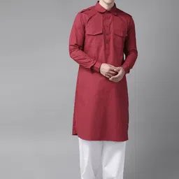 See Designs Men Maroon & White Pure Cotton Solid Pathani Kurta with Salwar-picture-38