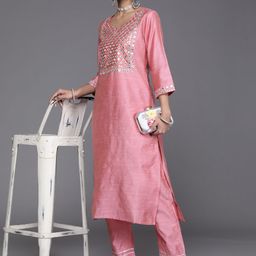 Varanga Women Pink Yoke Design Mirror Work Kurta with Trousers-picture-38