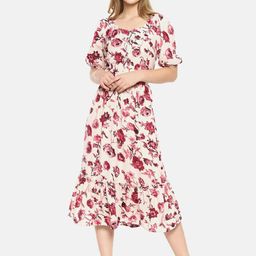 Campus Sutra Women Off-White & Pink Floral Print Midi A-Line Dress-picture-38