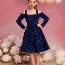 DP FABRICS Girls Embellished Sequined Cold-Shoulder Sleeves A-Line Midi Dress-image-4