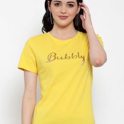 DOOR74 Women Yellow Printed Round Neck T-shirt-image-98