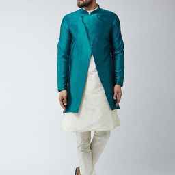 SOJANYA Men Off-White & Blue Self Design Sherwani Set-picture-56